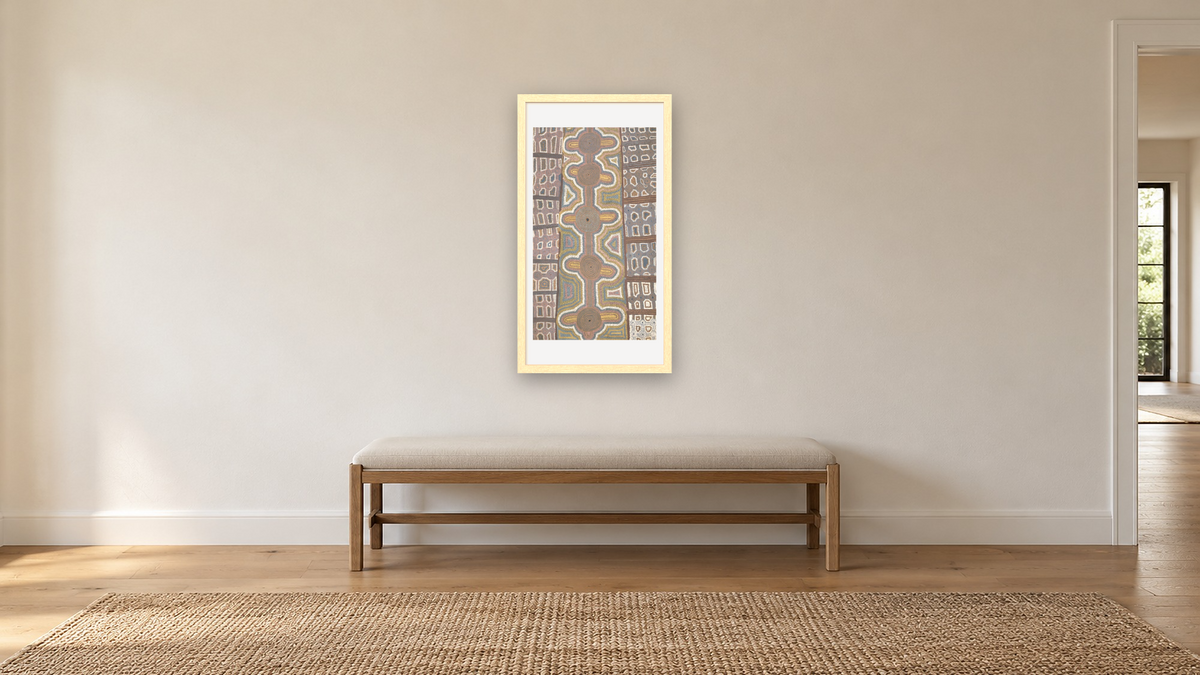 Kililingya by Uta Uta Tjangala, shown at 20 × 40 in (50.8 × 101.6 cm) in Arber Natural, hallway