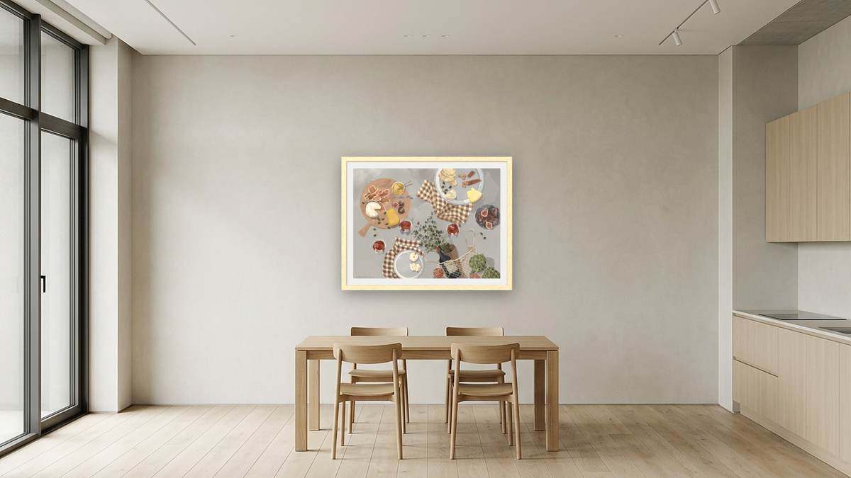 The Stories We Share Over a Glass, or Two by Catherine Gerke, shown at 30 × 40 in (76.2 × 101.6 cm) in Arber Natural, kitchen