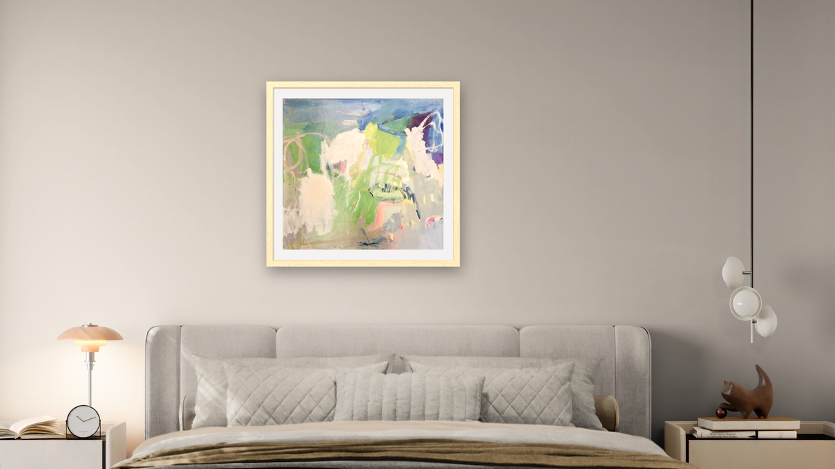 Chasing Whispers by Katherine Bello, shown at 32 × 32 in (81.3 × 81.3 cm) in Arber Natural, bedroom