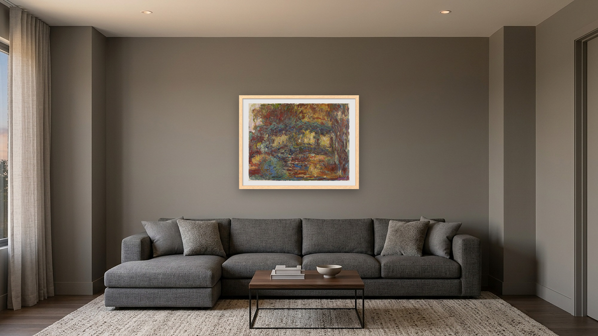 The Japanese Bridge by Claude Monet, shown at 30 × 40 in (76.2 × 101.6 cm) in Arber Natural, media room