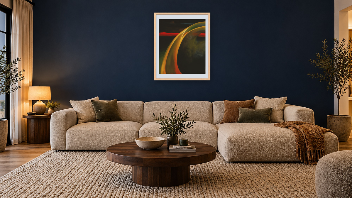 Red and Orange Streak by Georgia O'Keeffe, shown at 32 × 40 in (81.3 × 101.6 cm) in Arber Natural, media room