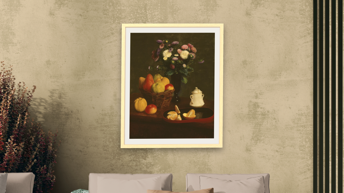 Flowers and fruit by Henri Fantin-Latour, shown at 32 × 40 in (81.3 × 101.6 cm) in Arber Natural, living
