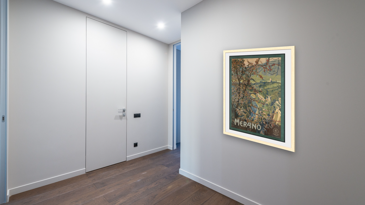BPL Travel Posters, shown at 30 × 40 in (76.2 × 101.6 cm) in Arber Natural, hallway