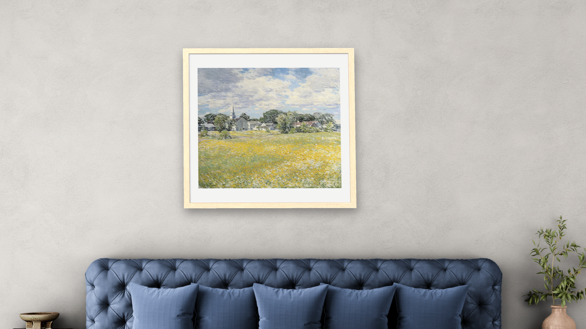 Buttercup Time by Willard LeRoy Metcalf, shown at 32 × 32 in (81.3 × 81.3 cm) in Arber Natural, bedroom