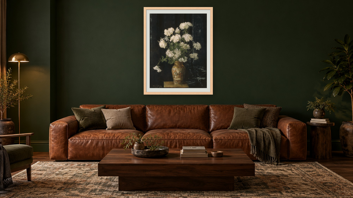 Chrysanthemums in an Oriental Vase by Alberta Binford McCloskey, shown at 30 × 40 in (76.2 × 101.6 cm) in Arber Natural, den