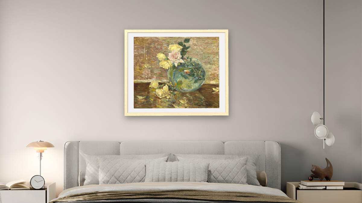 Roses in a Vase by Childe Hassam, shown at 32 × 40 in (81.3 × 101.6 cm) in Arber Natural, bedroom