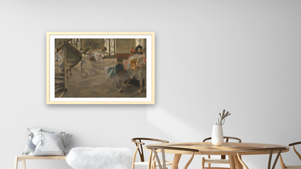 The Rehearsal by Edgar Degas, shown at 28 × 42 in (71.1 × 106.7 cm) in Arber Natural, dining