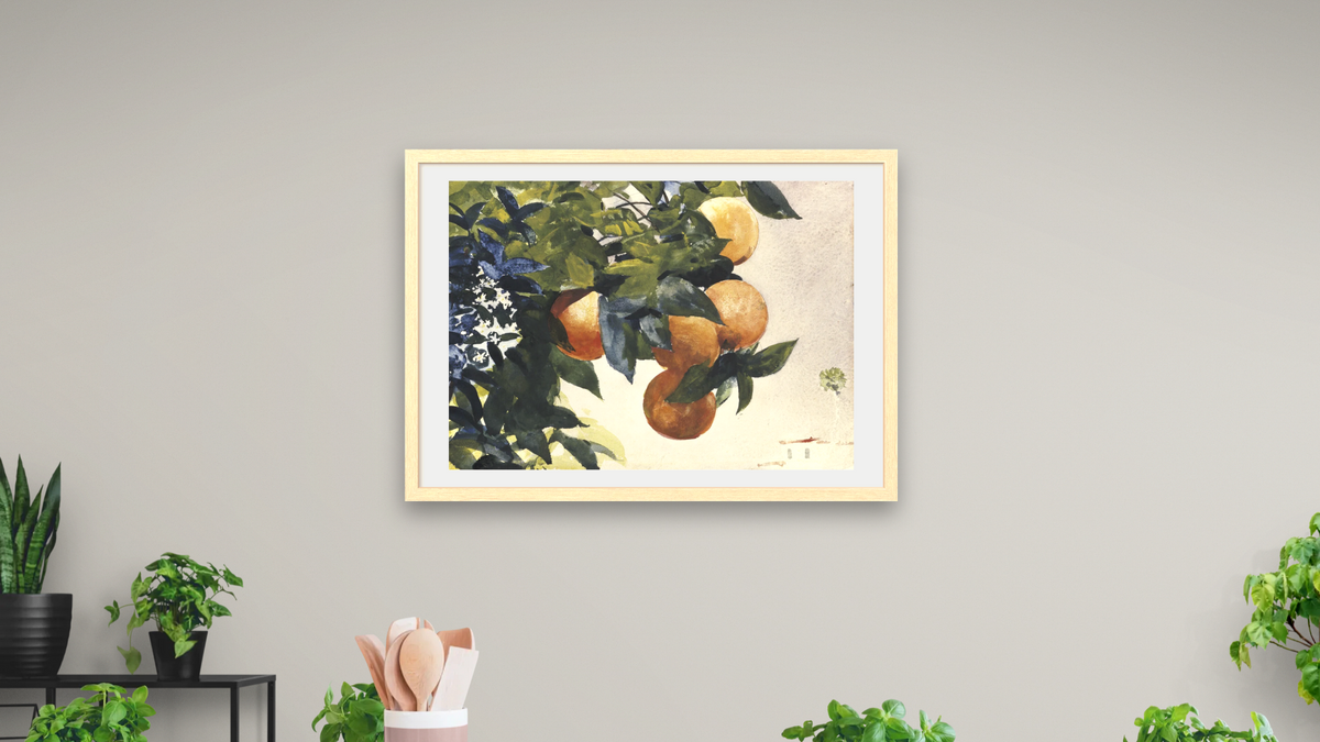 Oranges on a Branch by Winslow Homer, shown at 28 × 42 in (71.1 × 106.7 cm) in Arber Natural, dining