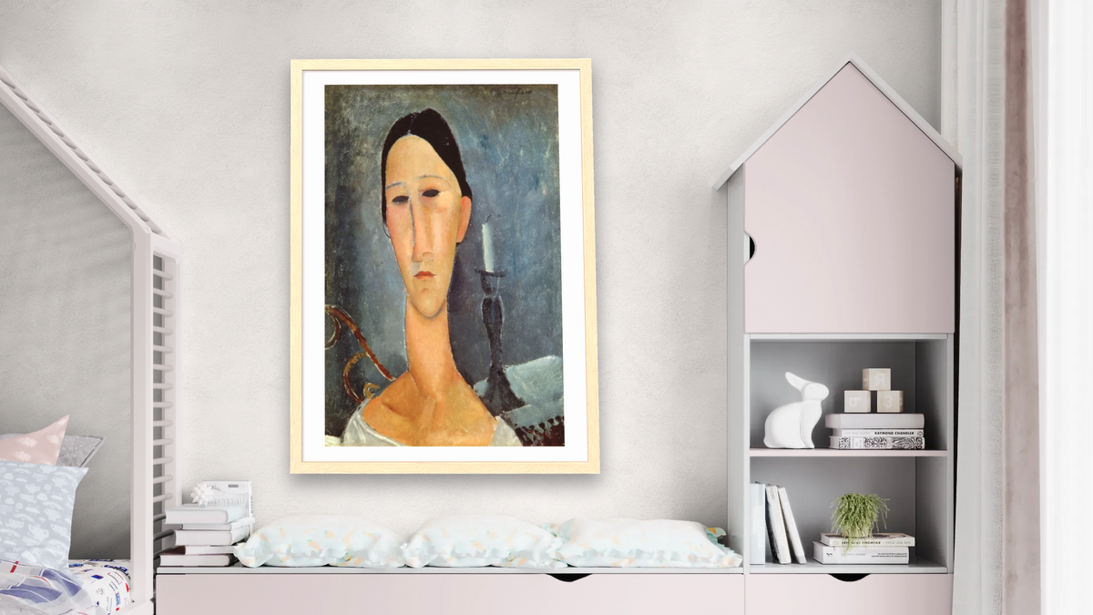 Hanka Zborowska with a Candlestick by Amedeo Modigliani, shown at 28 × 42 in (71.1 × 106.7 cm) in Arber Natural, bedroom