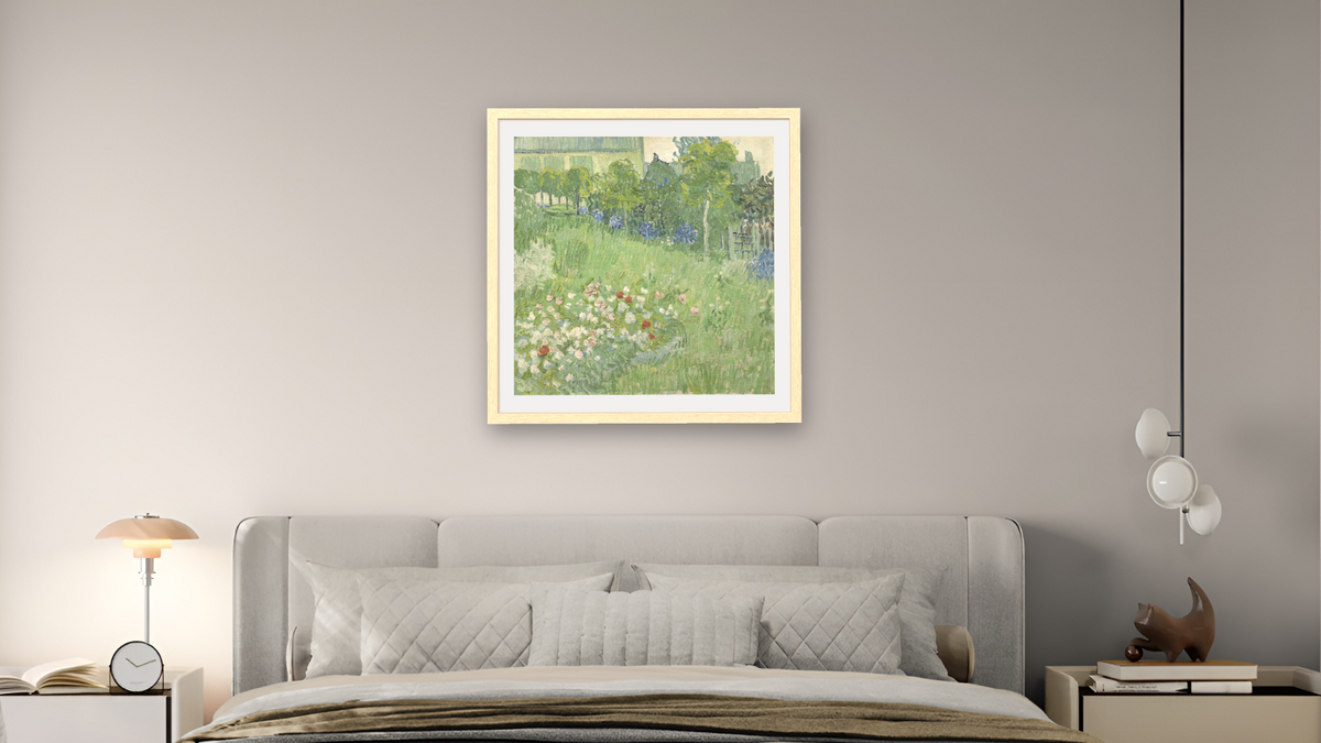 Daubigny's Garden by Vincent van Gogh, shown at 32 × 32 in (81.3 × 81.3 cm) in Arber Natural, bedroom
