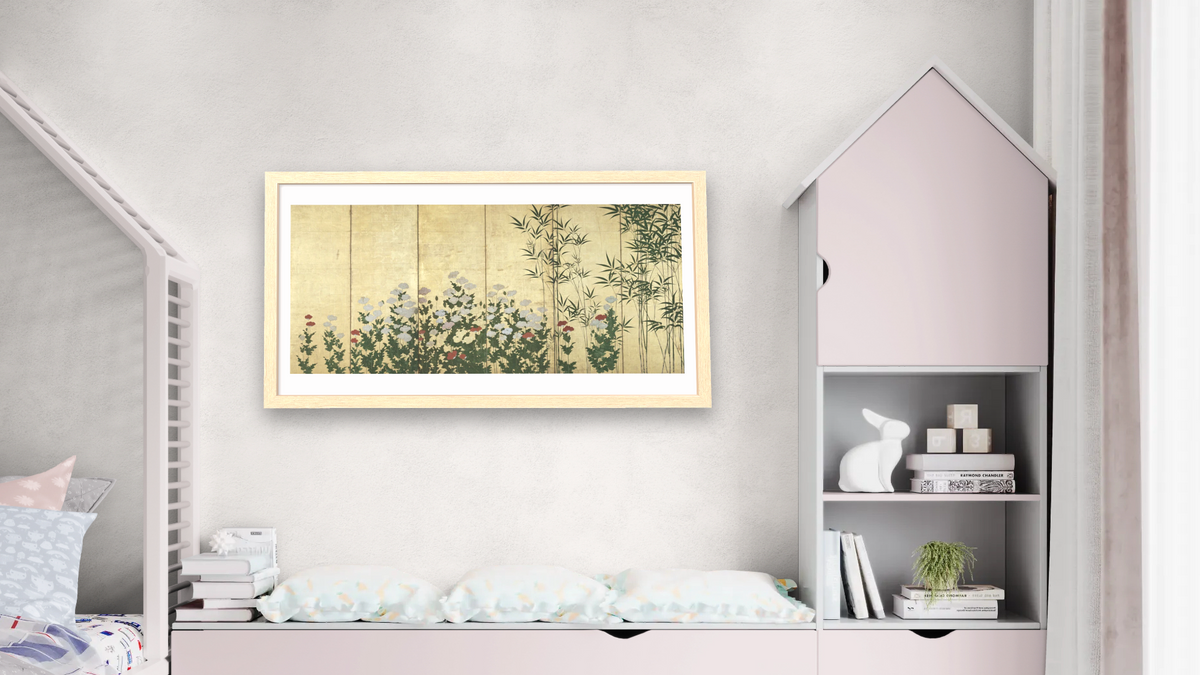 Bamboo and Poppies II by Kano Shigenobu, shown at 20 × 40 in (50.8 × 101.6 cm) in Arber Natural, bedroom