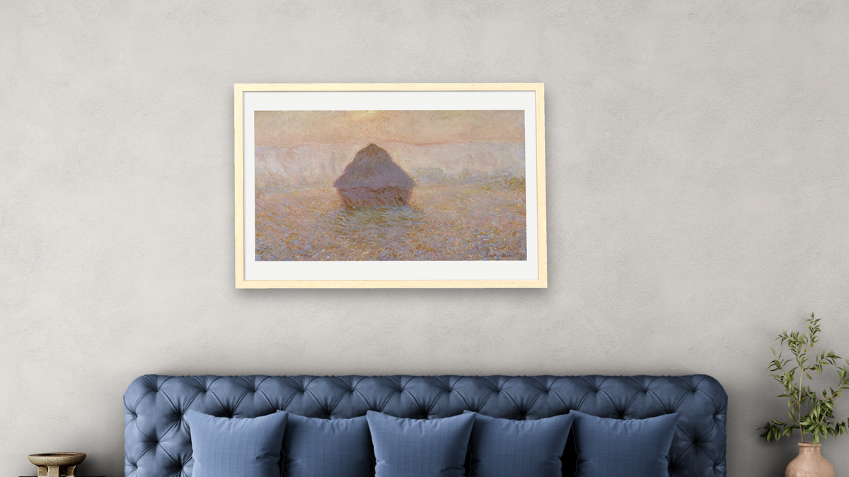 Grainstack, Sun in the Mist by Claude Monet, shown at 28 × 42 in (71.1 × 106.7 cm) in Arber Natural, bedroom