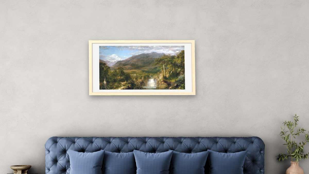 Heart of the Andes by Frederic Edwin Church, shown at 20 × 40 in (50.8 × 101.6 cm) in Arber Natural, bedroom