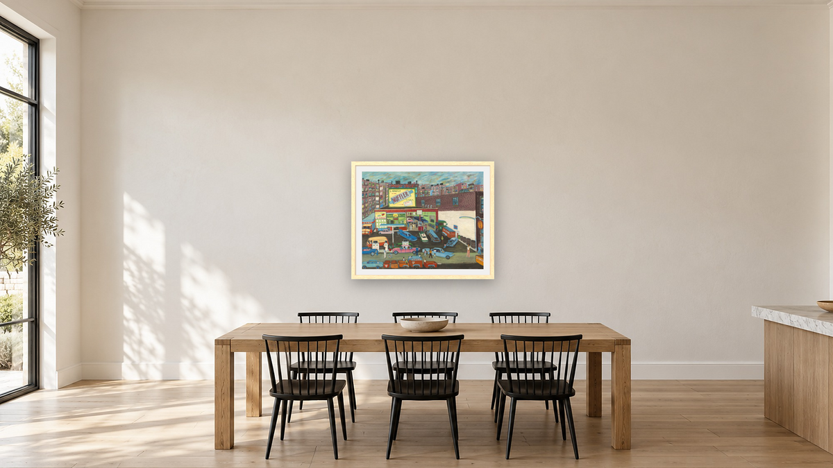 Happy and Bud's Service Station by Ralph Fasanella, shown at 32 × 40 in (81.3 × 101.6 cm) in Arber Natural, kitchen