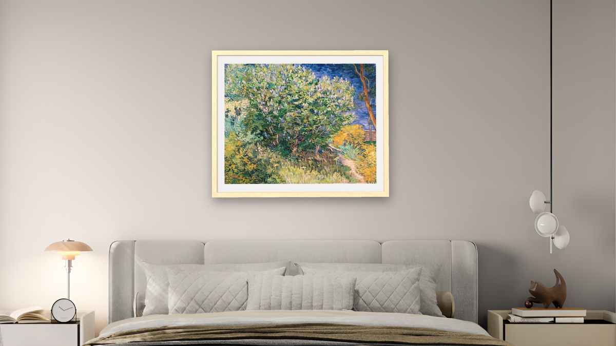 Lilac Bush by Vincent van Gogh, shown at 32 × 40 in (81.3 × 101.6 cm) in Arber Natural, bedroom