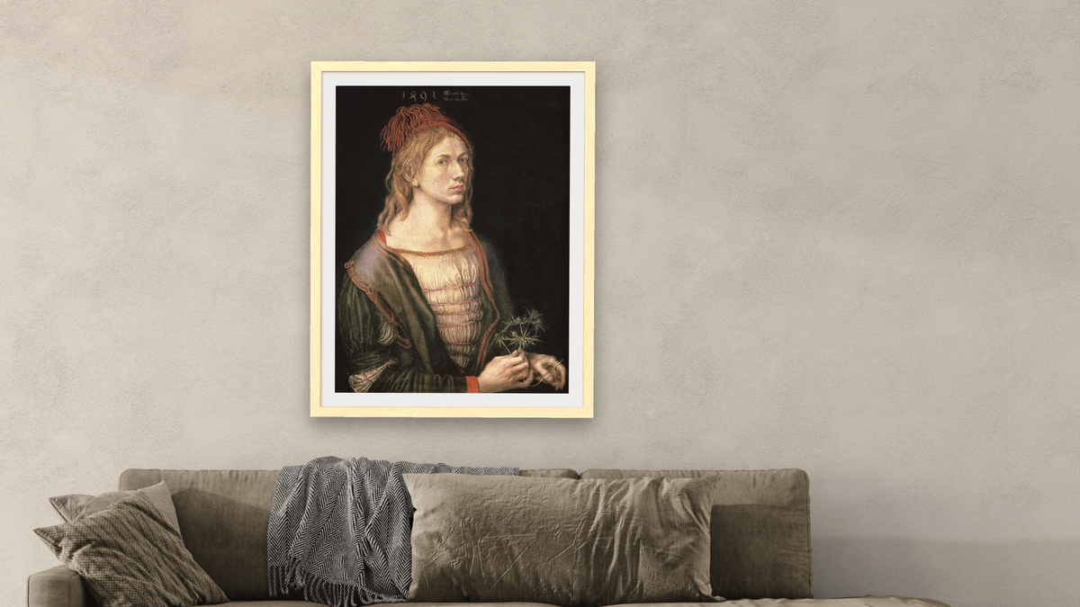 Self Portrait with a Thistle by Albrecht Dürer, shown at 30 × 40 in (76.2 × 101.6 cm) in Arber Natural, living