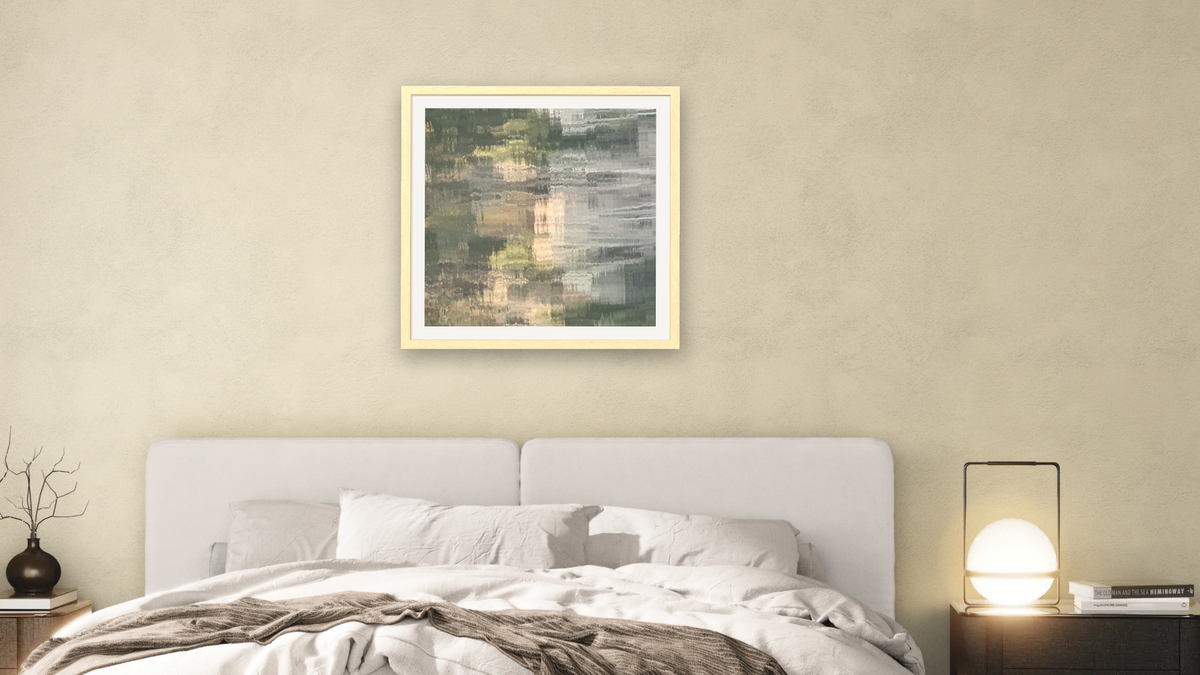 Echo in D Minor by Judith Rayl, shown at 32 × 32 in (81.3 × 81.3 cm) in Arber Natural, bedroom