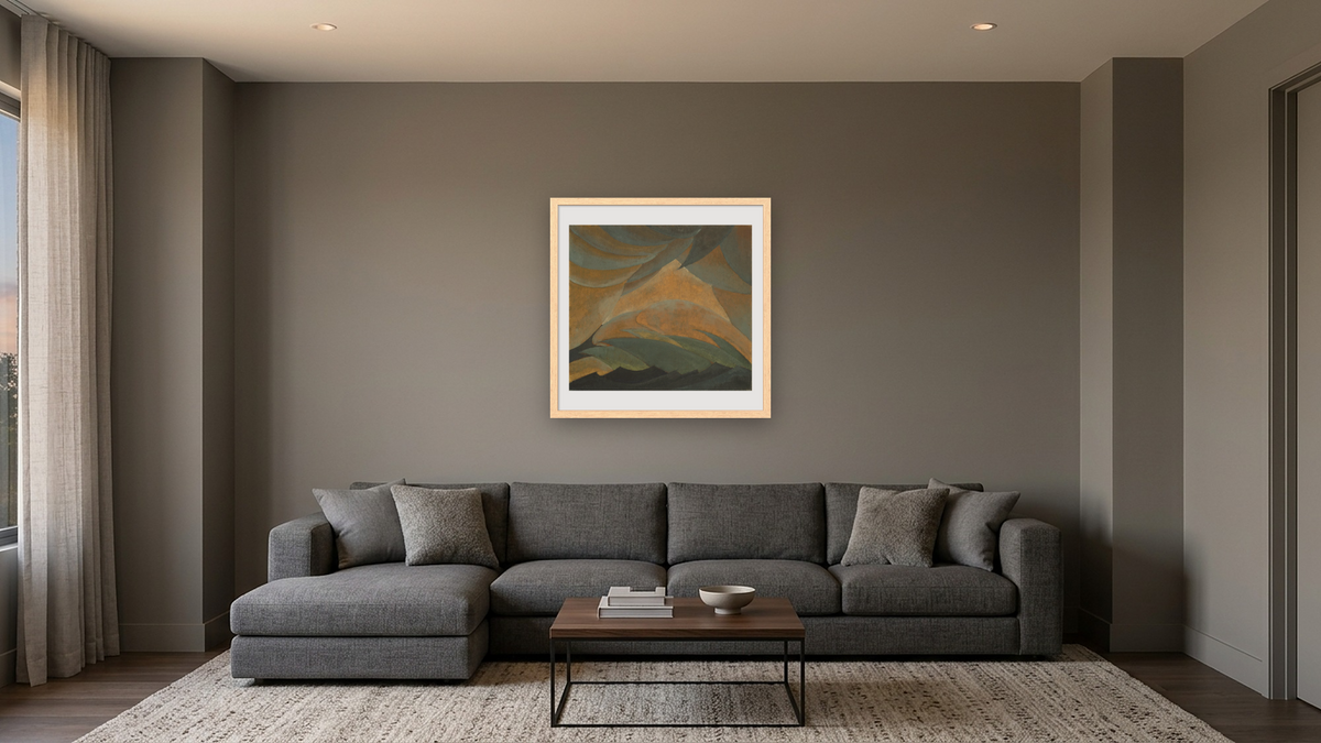 Golden Storm by Arthur G. Dove, shown at 32 × 32 in (81.3 × 81.3 cm) in Arber Natural, media room
