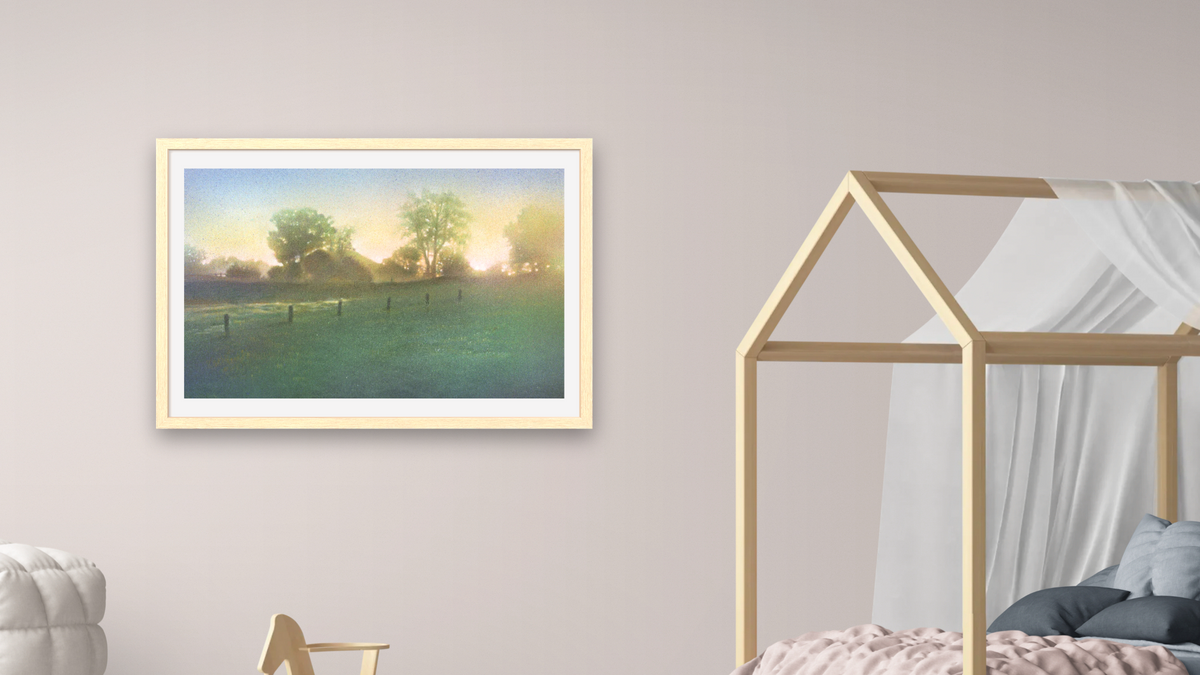 Adirondack Morning by Kirsten Söderlind, shown at 28 × 42 in (71.1 × 106.7 cm) in Arber Natural, bedroom
