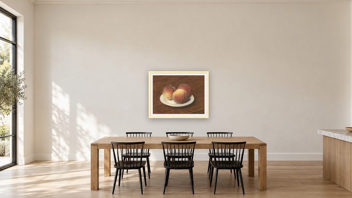 Three Peaches on a Plate by Henri Fantin-Latour, shown at 30 × 40 in (76.2 × 101.6 cm) in Arber Natural, kitchen
