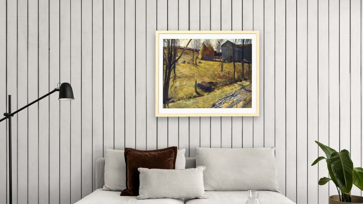 Haystacks and Barn by George Wesley Bellows, shown at 32 × 40 in (81.3 × 101.6 cm) in Arber Natural, living