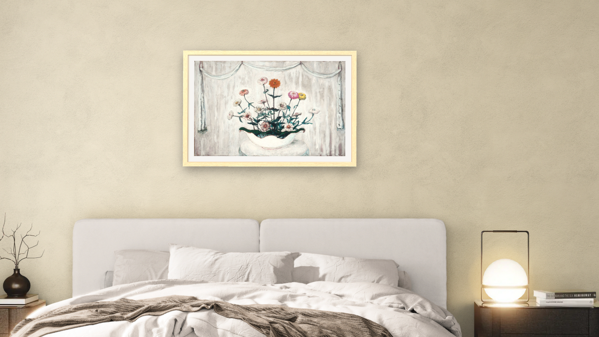 Zinnias by Florine Stettheimer, shown at 28 × 42 in (71.1 × 106.7 cm) in Arber Natural, bedroom