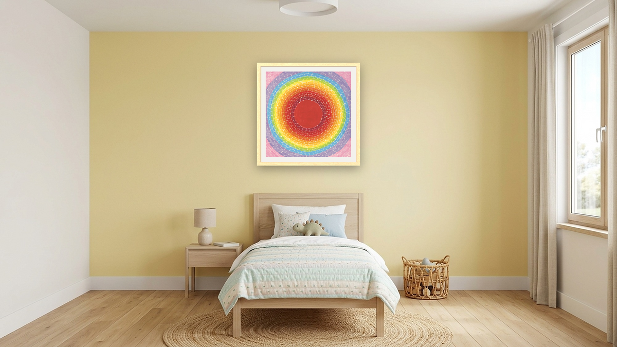 A Fantastic Sunset by Alma Thomas, shown at 32 × 32 in (81.3 × 81.3 cm) in Arber Natural, kids' room