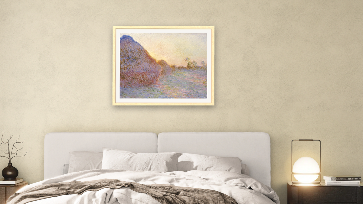 Haystacks by Claude Monet, shown at 32 × 40 in (81.3 × 101.6 cm) in Arber Natural, bedroom