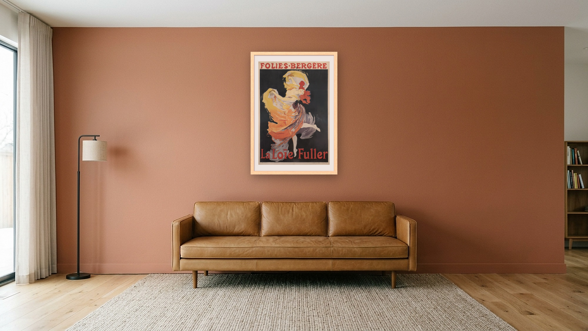 Folies-Bergère / La Loïe Fuller by Jules Chéret, shown at 28 × 42 in (71.1 × 106.7 cm) in Arber Natural, media room
