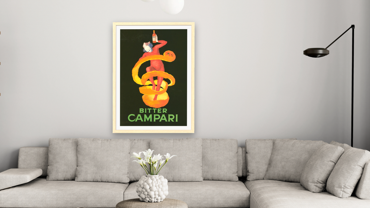 Bitter Campari advertisement poster by Leonetto Cappiello, shown at 28 × 42 in (71.1 × 106.7 cm) in Arber Natural, living