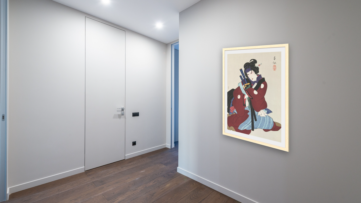 Onoye Yeizaburo as Okaru by Natori Shunsen, shown at 28 × 42 in (71.1 × 106.7 cm) in Arber Natural, hallway