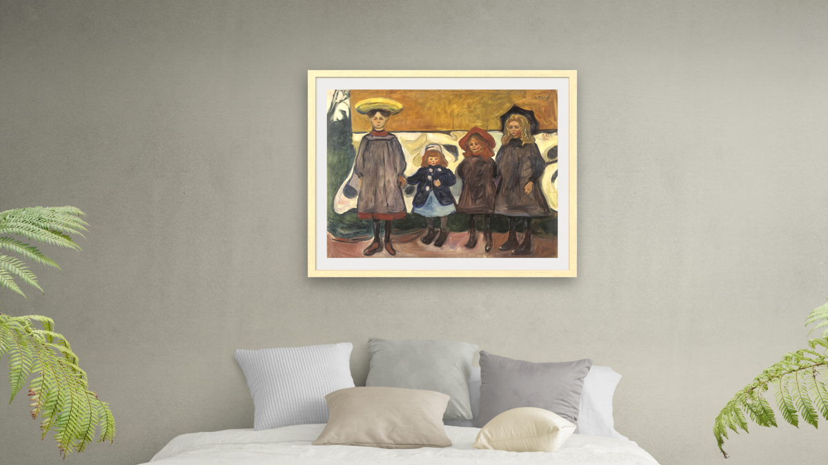 Four Girls in Åsgårdstrand by Edvard Munch, shown at 32 × 40 in (81.3 × 101.6 cm) in Arber Natural, bedroom
