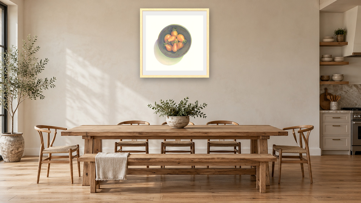 Yellow Tomatoes by Kirsten Söderlind, shown at 32 × 32 in (81.3 × 81.3 cm) in Arber Natural, kitchen