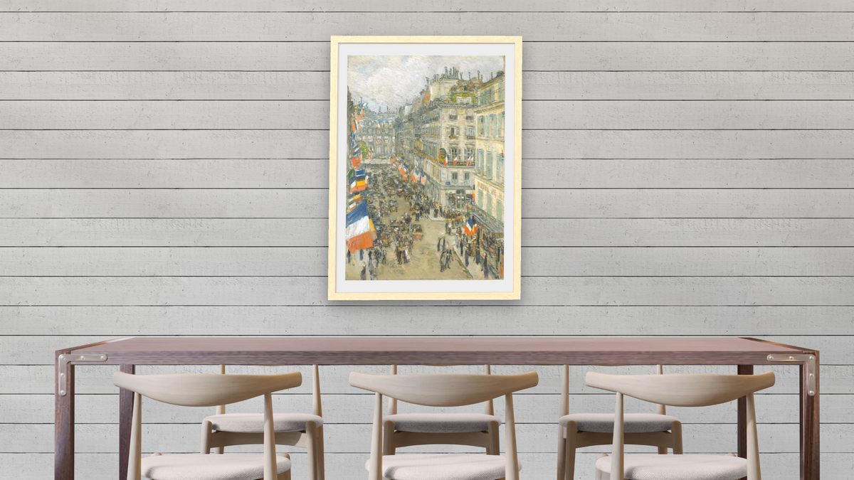 July Fourteenth, Rue Daunou by Childe Hassam, shown at 28 × 42 in (71.1 × 106.7 cm) in Arber Natural, dining