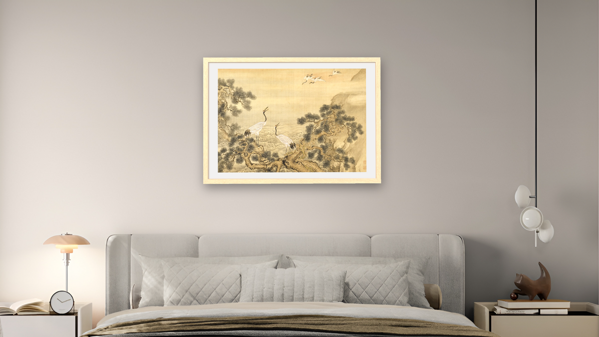 Album of Birds and Animals (Cranes) by Shen Nanpin, shown at 28 × 42 in (71.1 × 106.7 cm) in Arber Natural, bedroom