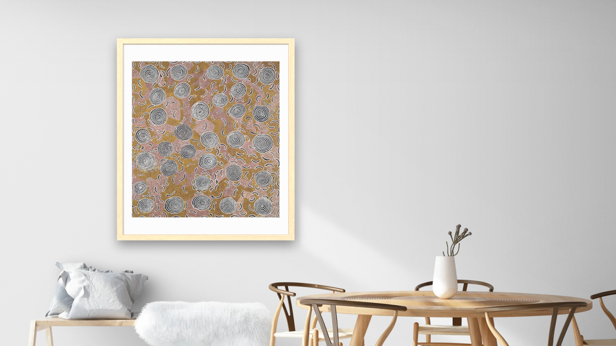 Water Dreaming by Johnny Warangkula Tjupurrula, shown at 32 × 40 in (81.3 × 101.6 cm) in Arber Natural, dining