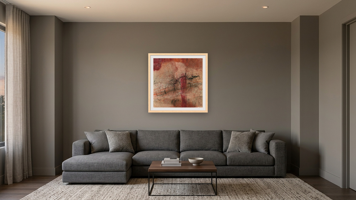No. 437C by Michelle Oppenheimer, shown at 32 × 32 in (81.3 × 81.3 cm) in Arber Natural, media room