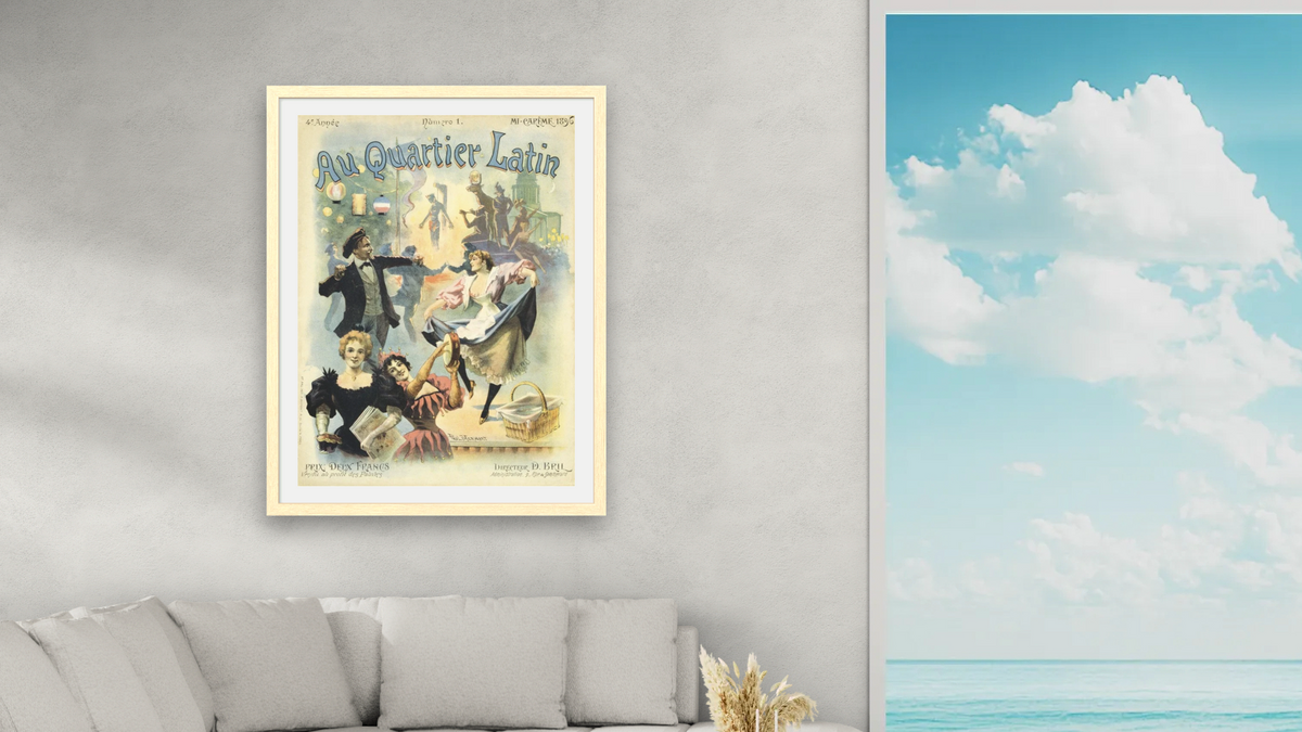 Au Quarter Latin Poster by Paul Merwart, shown at 30 × 40 in (76.2 × 101.6 cm) in Arber Natural, living