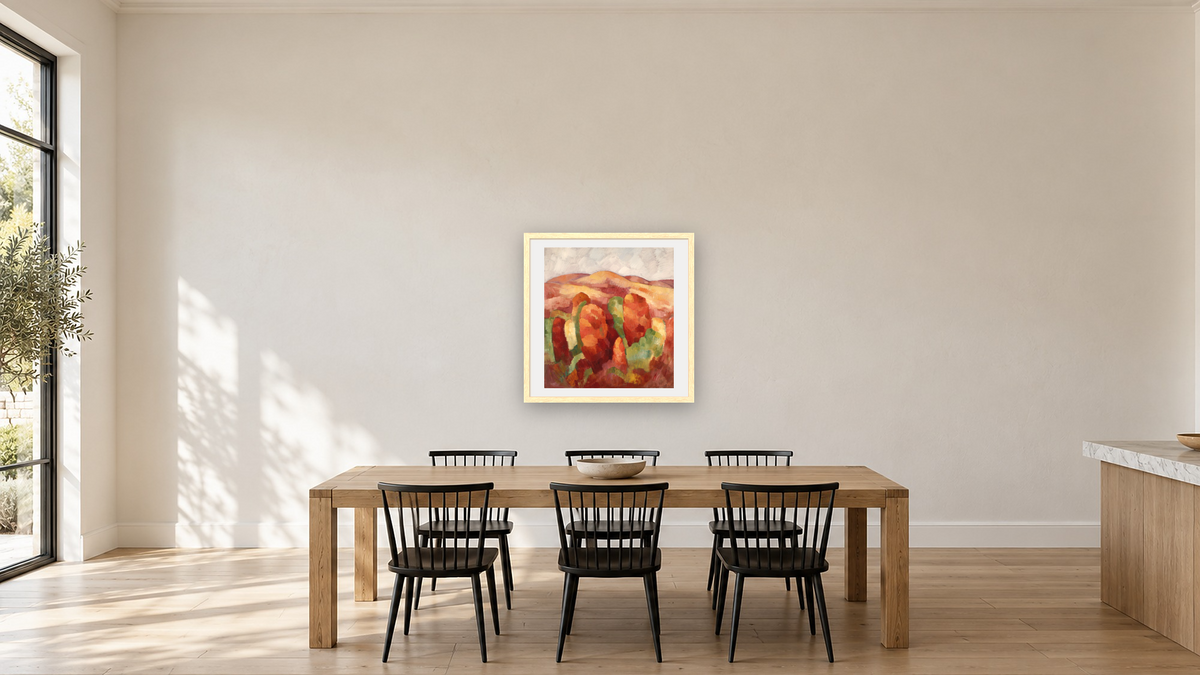 Mountains, no. 19 by Marsden Hartley, shown at 32 × 32 in (81.3 × 81.3 cm) in Arber Natural, kitchen