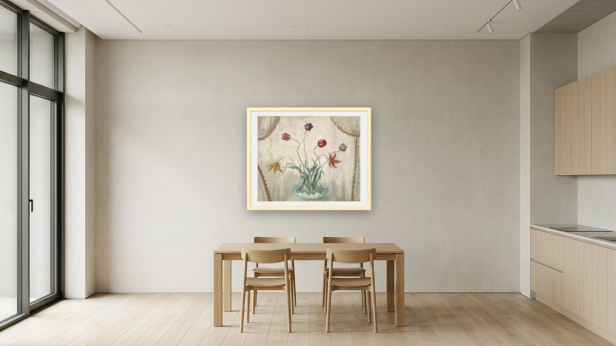 Bowl of Tulips by Florine Stettheimer, shown at 32 × 40 in (81.3 × 101.6 cm) in Arber Natural, kitchen