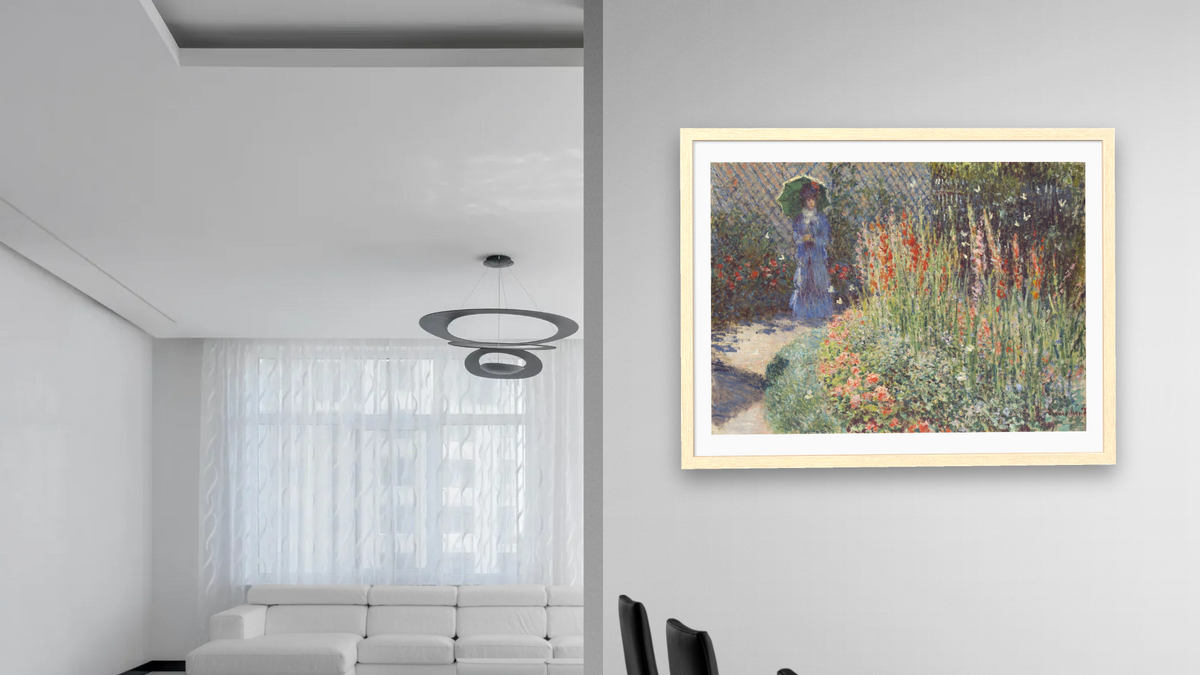 Gladioli by Claude Monet, shown at 30 × 40 in (76.2 × 101.6 cm) in Arber Natural, dining