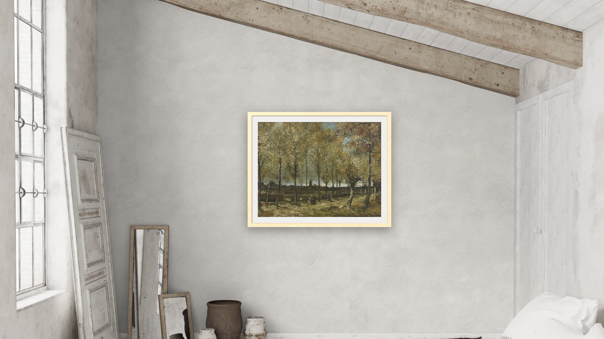 Lane with Poplars near Nuenen by Vincent van Gogh, shown at 32 × 40 in (81.3 × 101.6 cm) in Arber Natural, bedroom