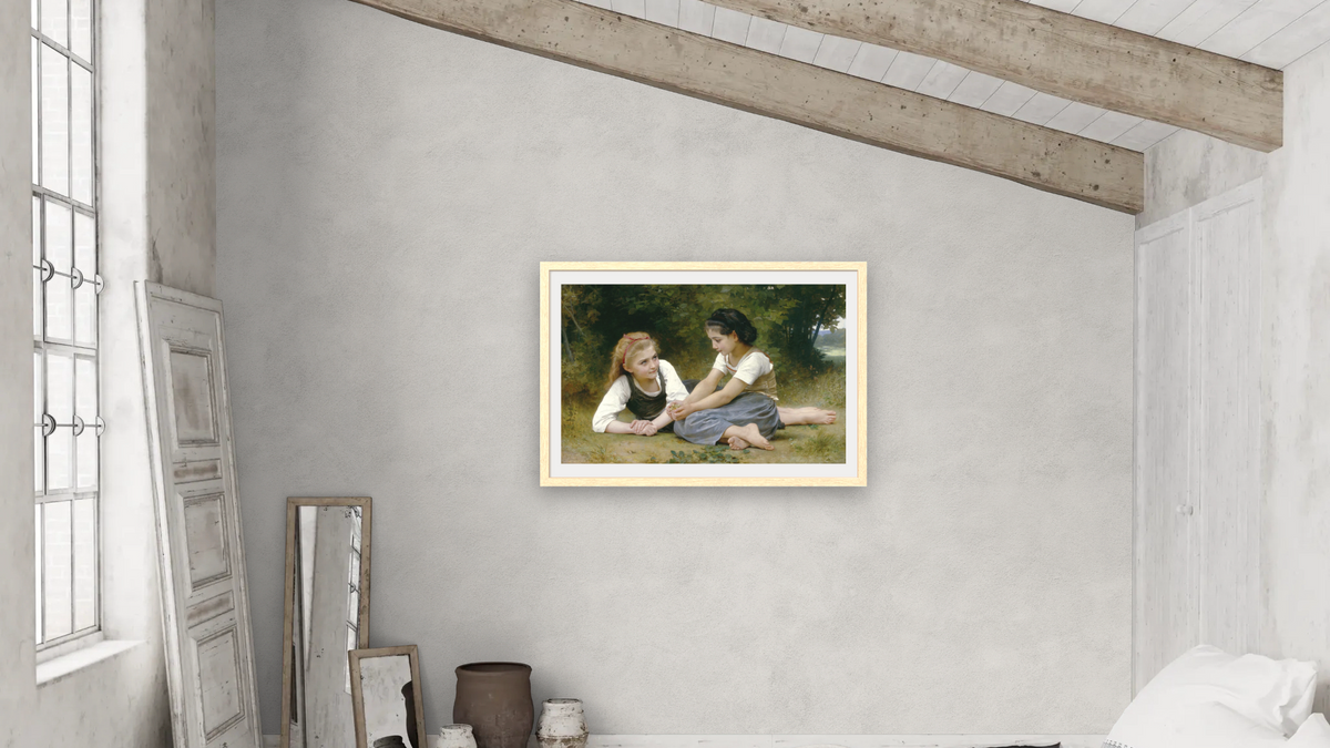 The Nut Gatherers by William-Adolphe Bouguereau, shown at 28 × 42 in (71.1 × 106.7 cm) in Arber Natural, bedroom