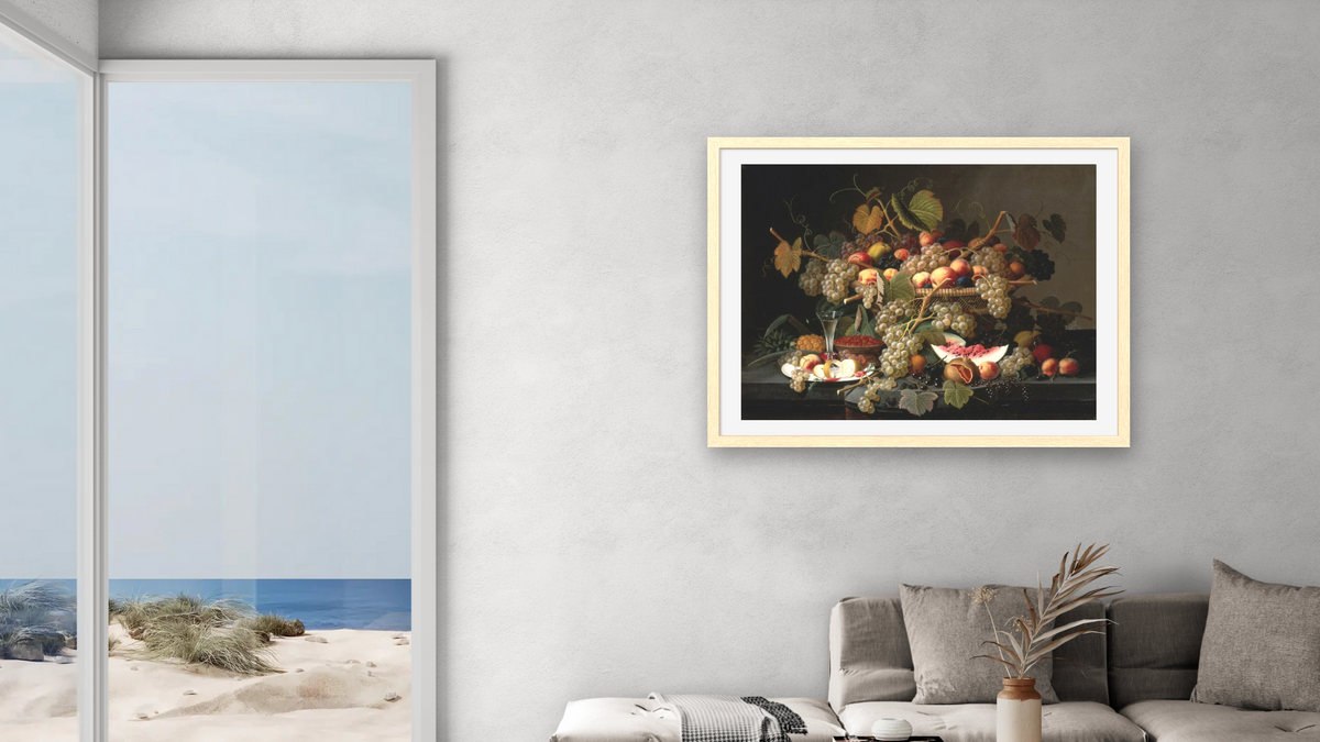 Still Life with Fruit by Severin Roesen, shown at 30 × 40 in (76.2 × 101.6 cm) in Arber Natural, living