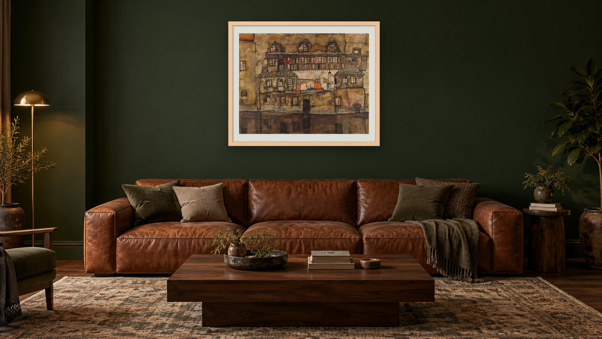 House Wall on the River by Egon Schiele, shown at 32 × 40 in (81.3 × 101.6 cm) in Arber Natural, den