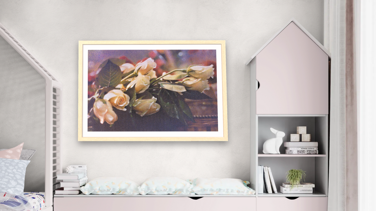 Basket Roses by Kirsten Söderlind, shown at 28 × 42 in (71.1 × 106.7 cm) in Arber Natural, bedroom