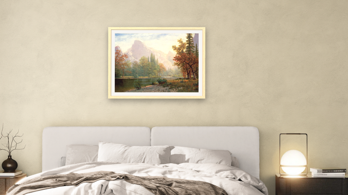 Half Dome: Yosemite by Albert Bierstadt, shown at 30 × 40 in (76.2 × 101.6 cm) in Arber Natural, bedroom
