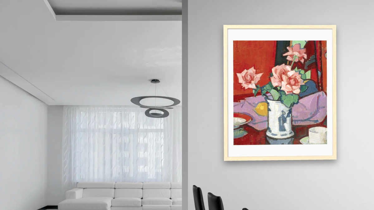 Pink Roses, Chinese Vase by Samuel John Peploe, shown at 32 × 40 in (81.3 × 101.6 cm) in Arber Natural, dining