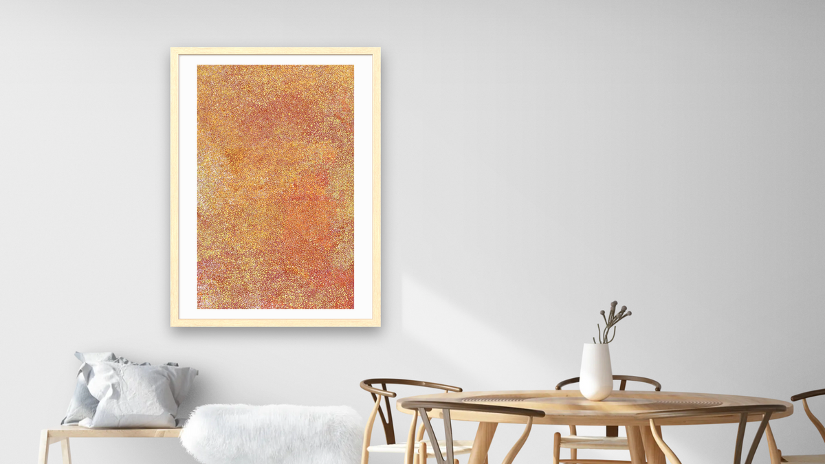 My Mother's Country, Emu Seed by Polly Ngale, shown at 28 × 42 in (71.1 × 106.7 cm) in Arber Natural, dining
