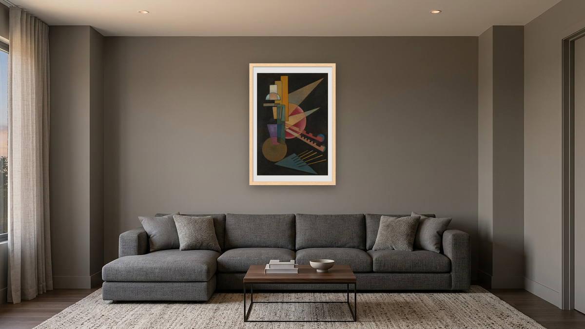Abstract Interpretation by Wassily Kandinsky, shown at 28 × 42 in (71.1 × 106.7 cm) in Arber Natural, media room